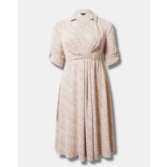 Torrid surplice MCM midi dress 2X cream beige pink mauve tan plaid collared - Picture 1 of 11